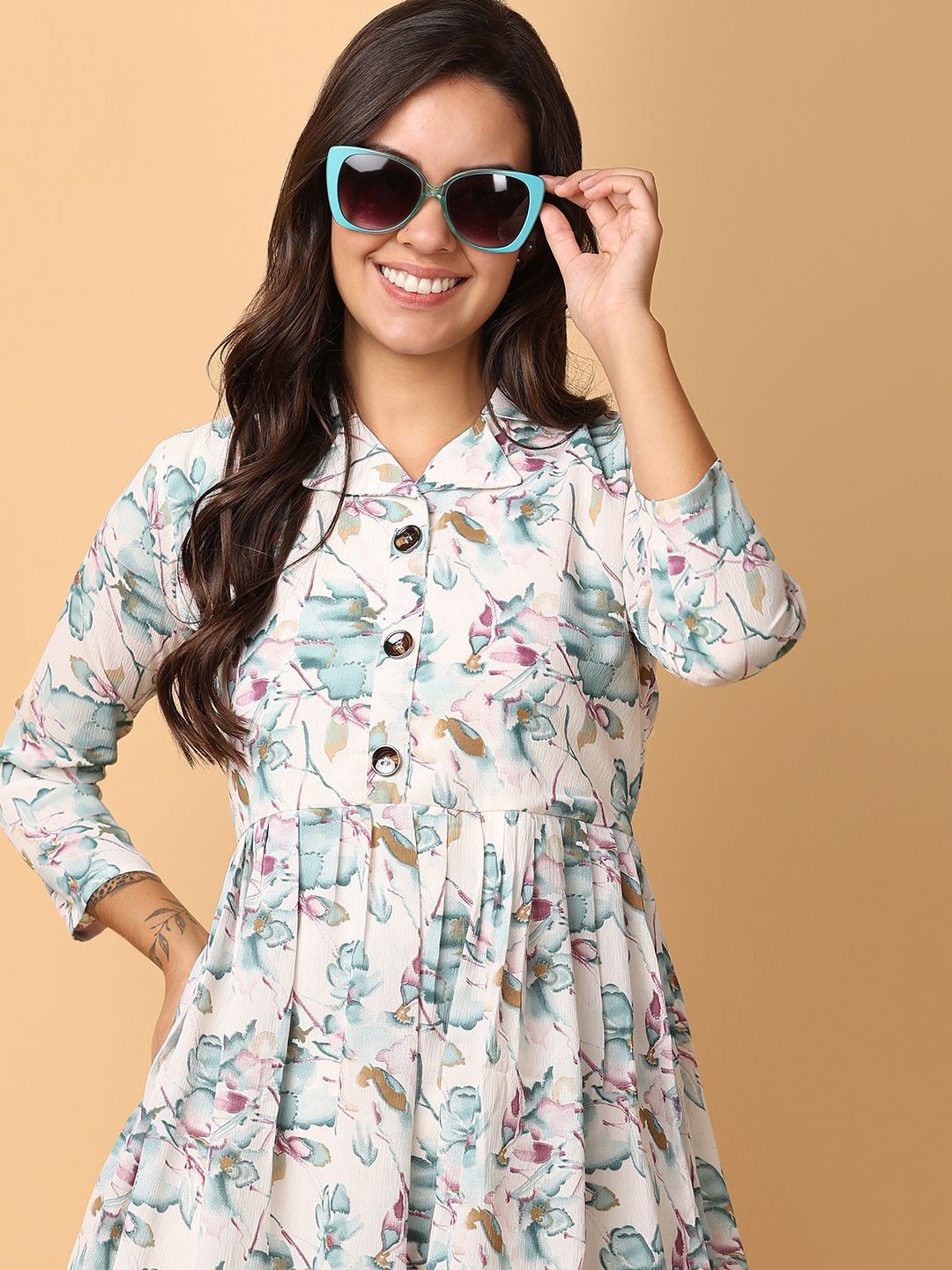 V-Mart Floral Print Shirt Collar A-Line Dress, White