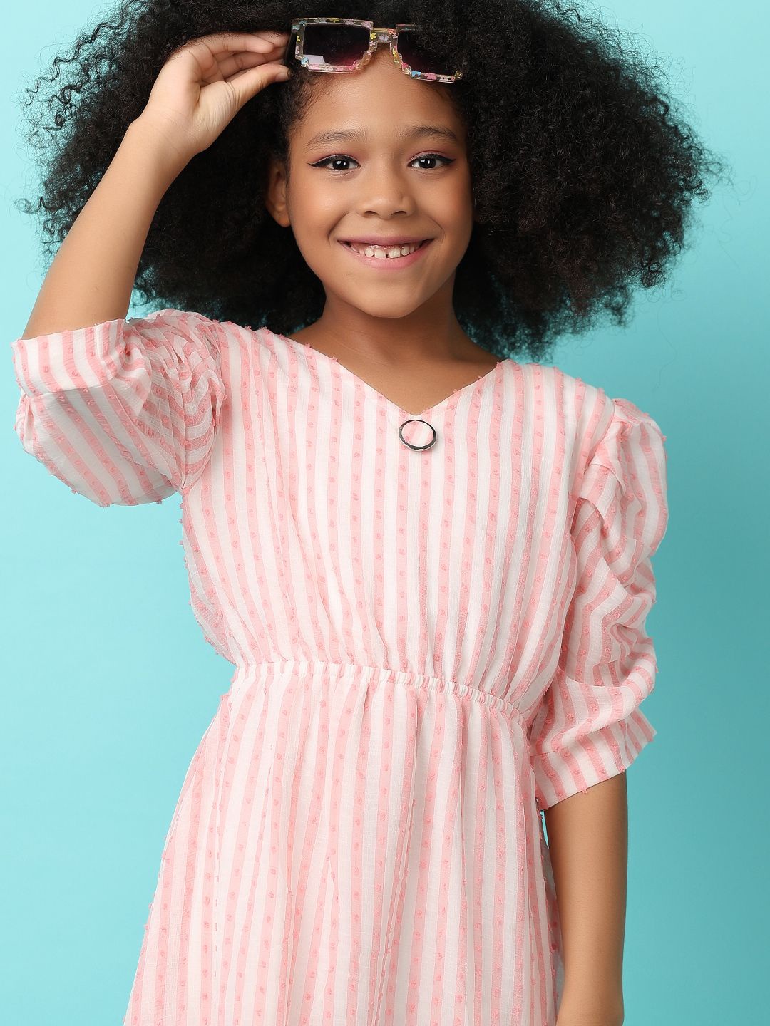 V-Mart Striped Puff Sleeve Fit & Flare Dress, Pink