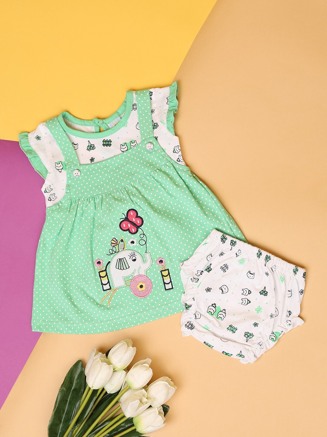 

V-Mart Girls Printed Embroidered Pinafore Dress, Green