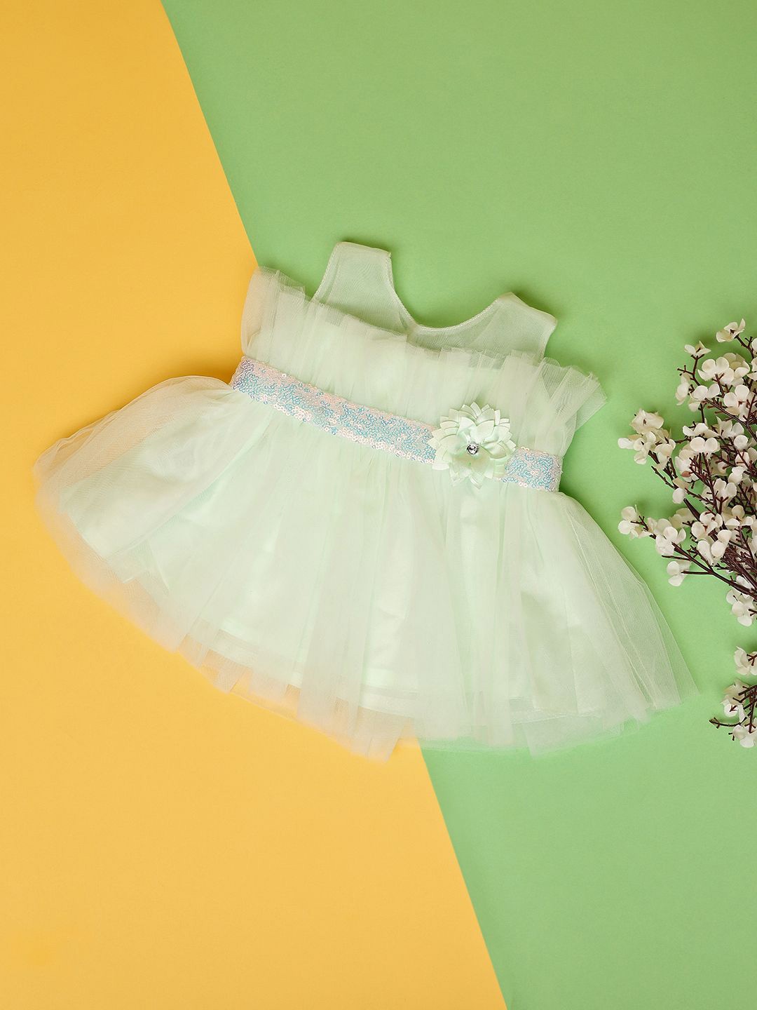 V-Mart Girls Sequined Fit & Flare Dress, Green