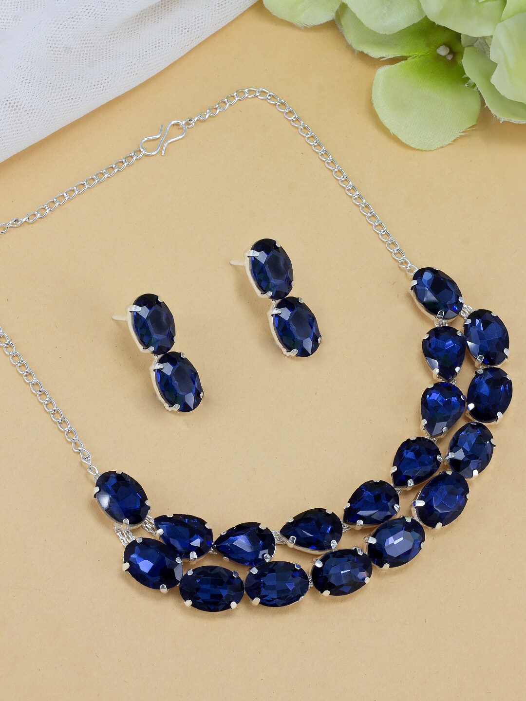 

PRIVIU Silver-Plated Blue Artificial Stone-Studded Jewellery Set