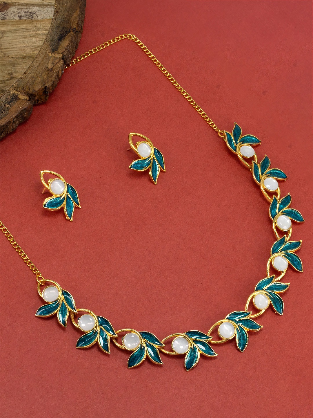

PRIVIU Women Gold-Plated Stone-Studded Jewellery Set, Blue