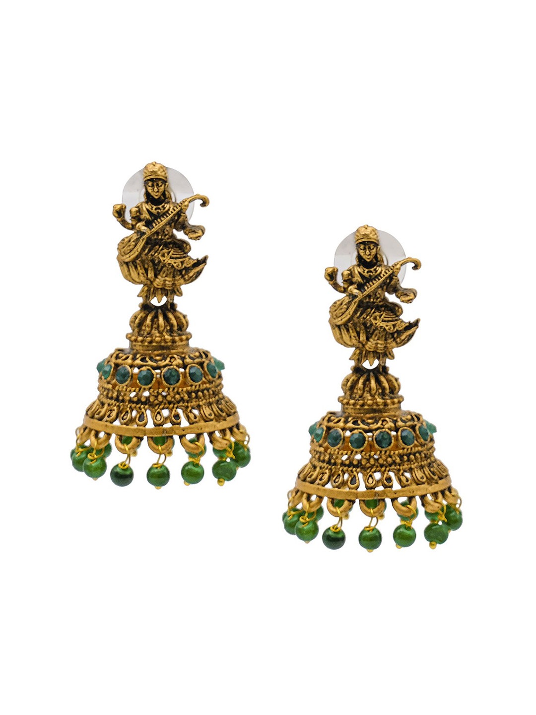 

Shining Jewel - By Shivansh Gold-Plated Cubic Zirconia Studded Antique Jhumkas