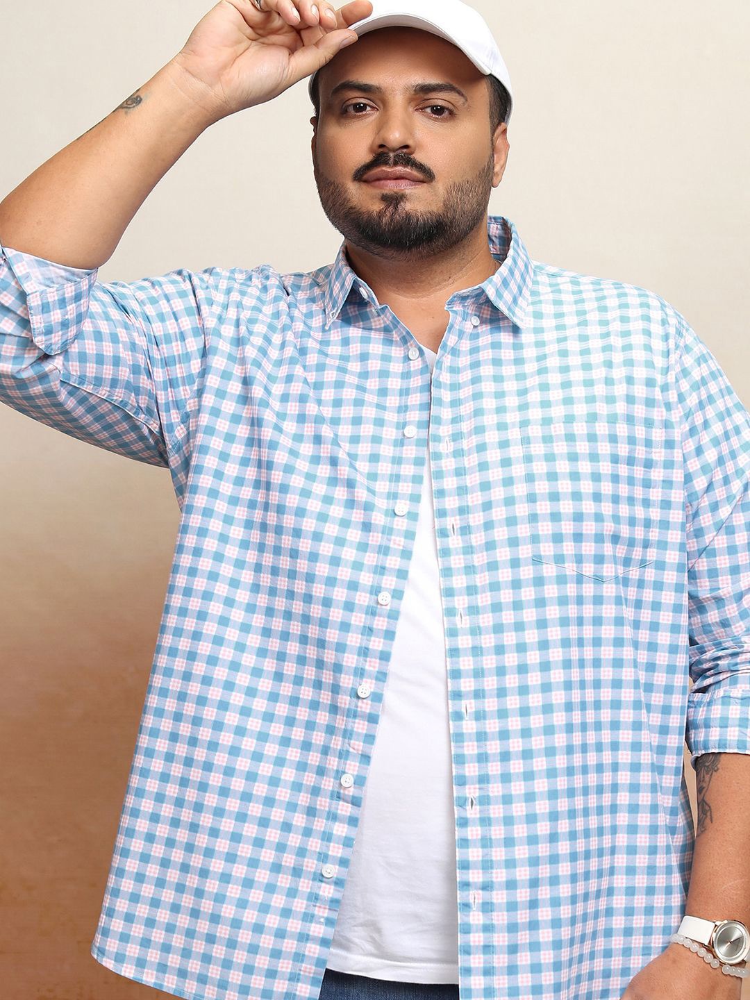 

HIGHLANDER Men Plus Size Checked Regular Fit Shirt, Blue