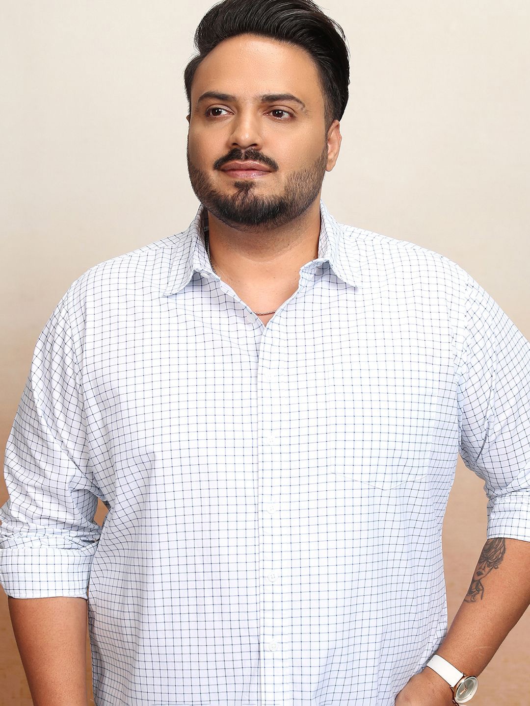 

HIGHLANDER Men Plus Size Checked Regular Fit Shirt, White