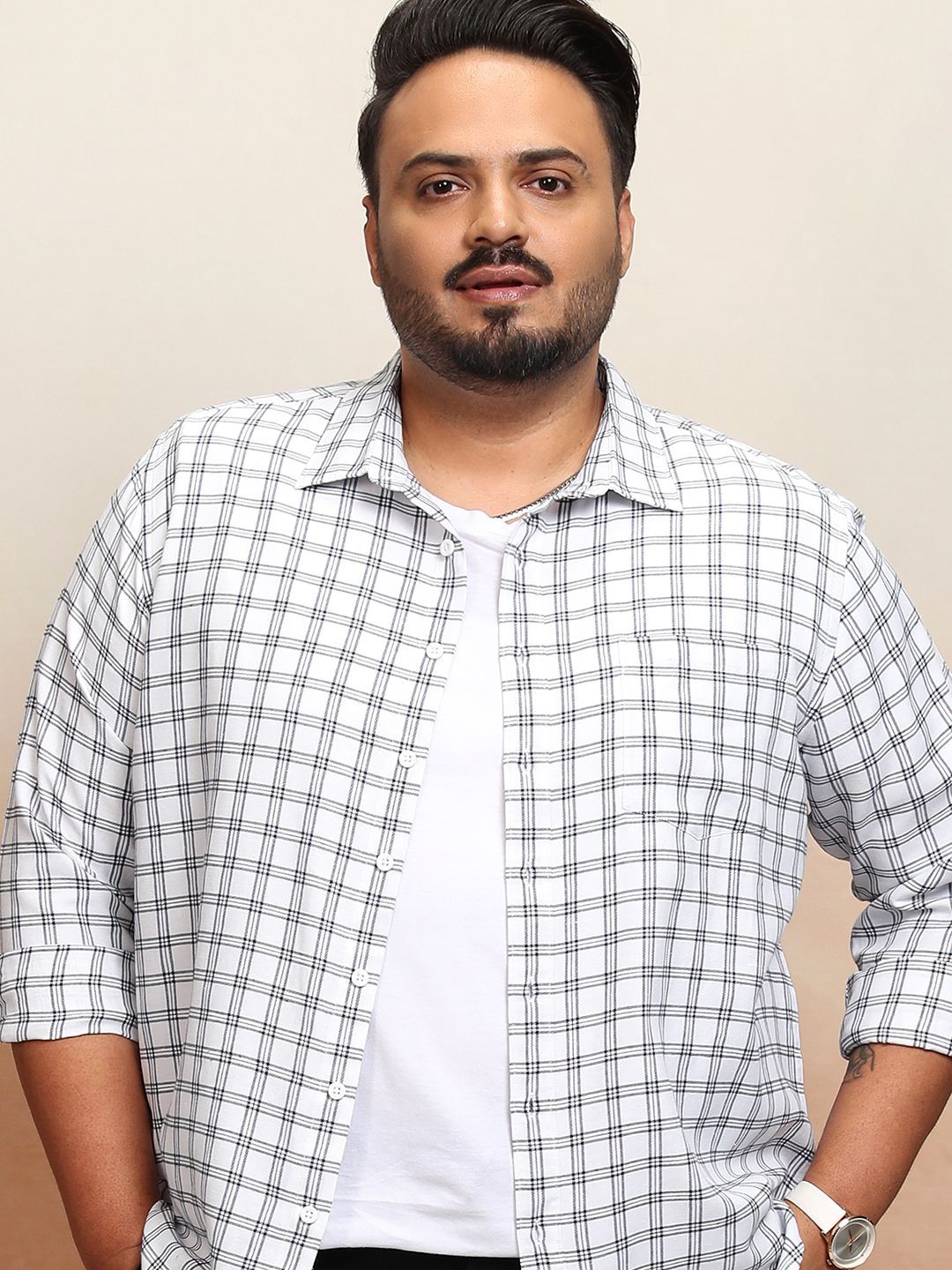 

HIGHLANDER Men Plus Size Checked Regular Fit Shirt, White