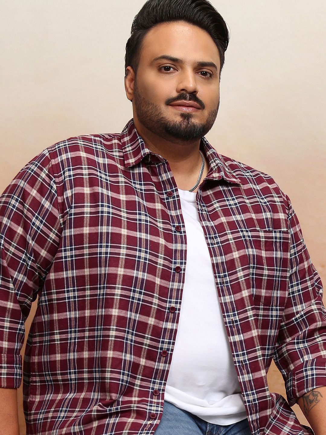 

HIGHLANDER Men Plus size Tartan Checked Casual Shirt, Maroon