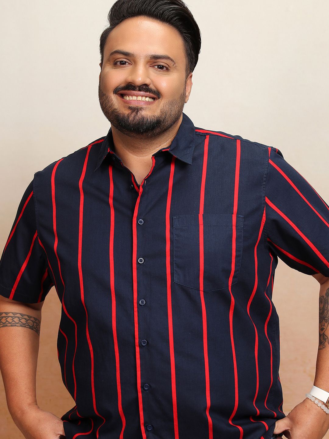 

HIGHLANDER Men Striped Plus size Regular Fit Shirt, Navy blue