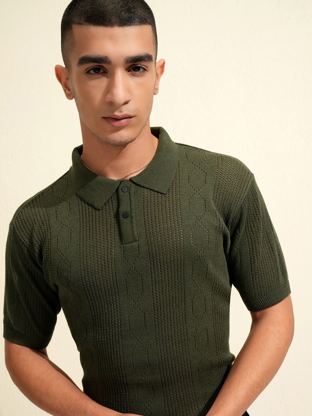 

Highlander Men Knitted Textured Polo Collar T-shirt, Olive