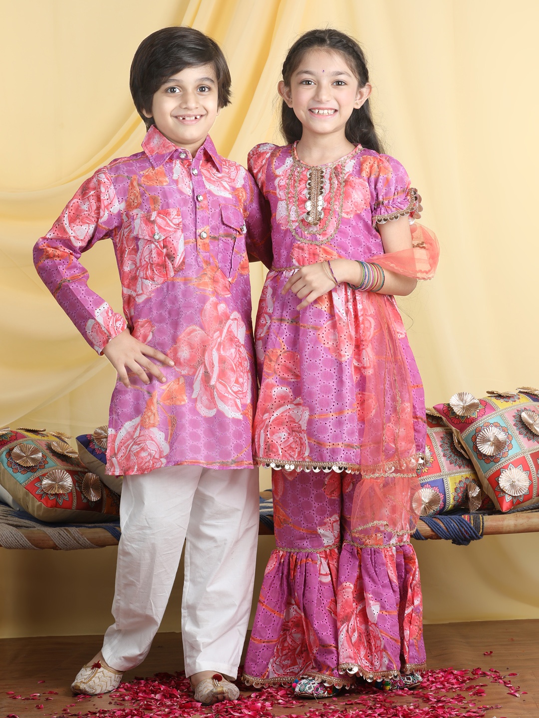 

Cutiekins Girls Floral Embroidered Regular Gotta Patti Kurta with Sharara & With Dupatta, Purple