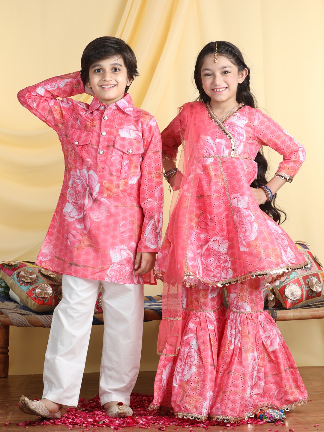 

Cutiekins Girls Floral Embroidered Angrakha Gotta Patti Kurta with Sharara & With Dupatta, Coral