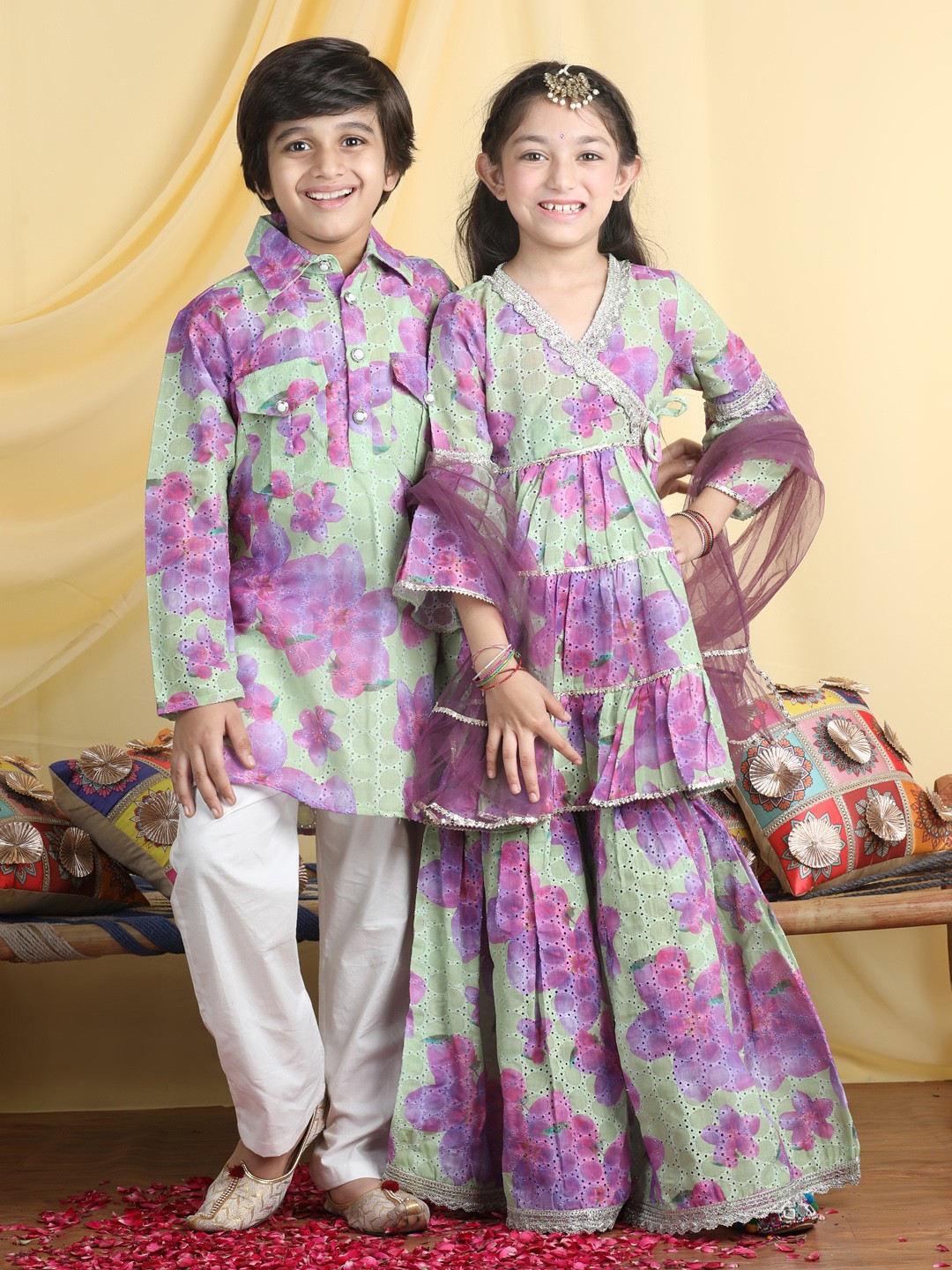 

Cutiekins Girls Floral Embroidered Angrakha Gotta Patti Kurta Sharara With Dupatta, Green