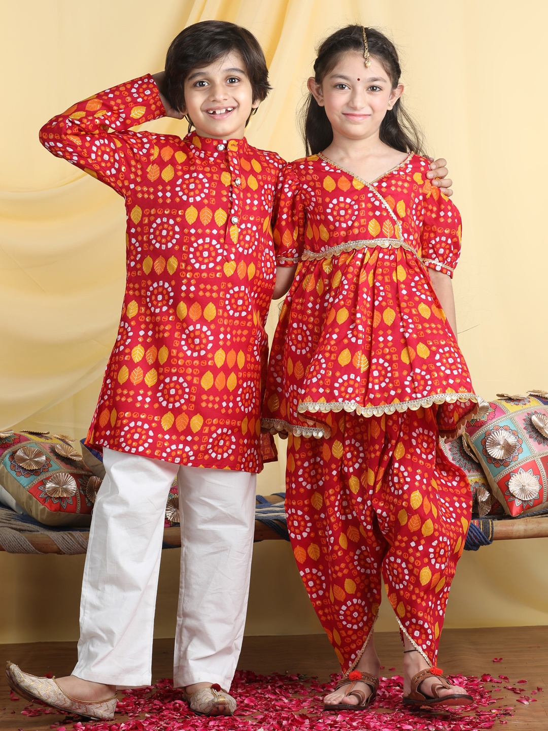 

Cutiekins Girls Bandhani Embroidered Angrakha Gotta Patti Kurta with Dhoti Pants, Red