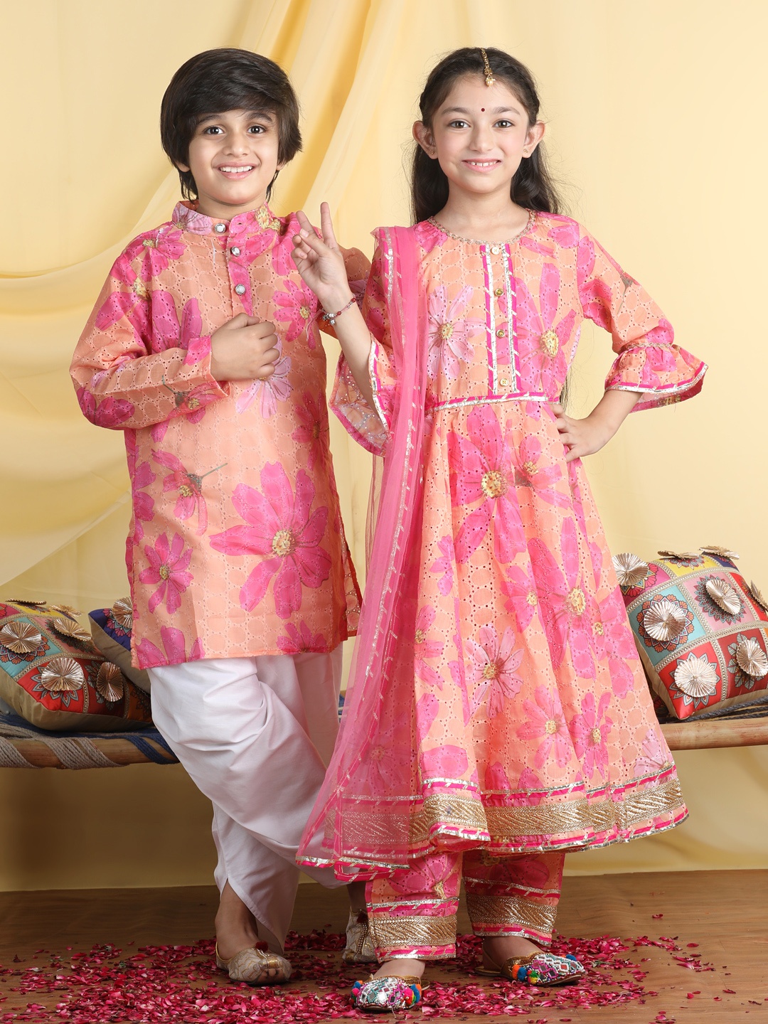 

Cutiekins Girls Floral Embroidered Gotta Patti Kurta with Palazzos & With Dupatta, Orange