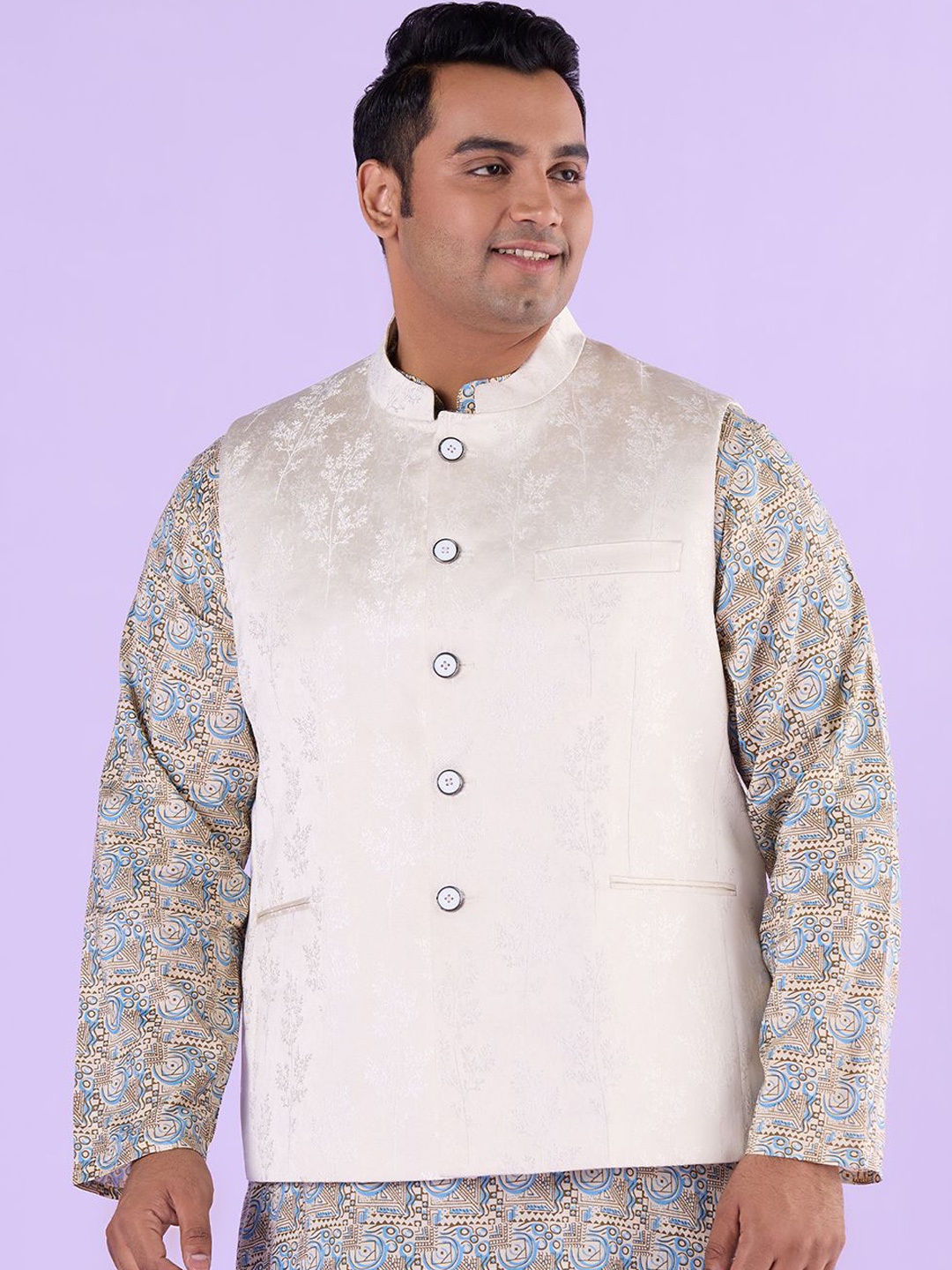

Big Hello - The Plus Life Men Woven Design Nehru Jacket, White