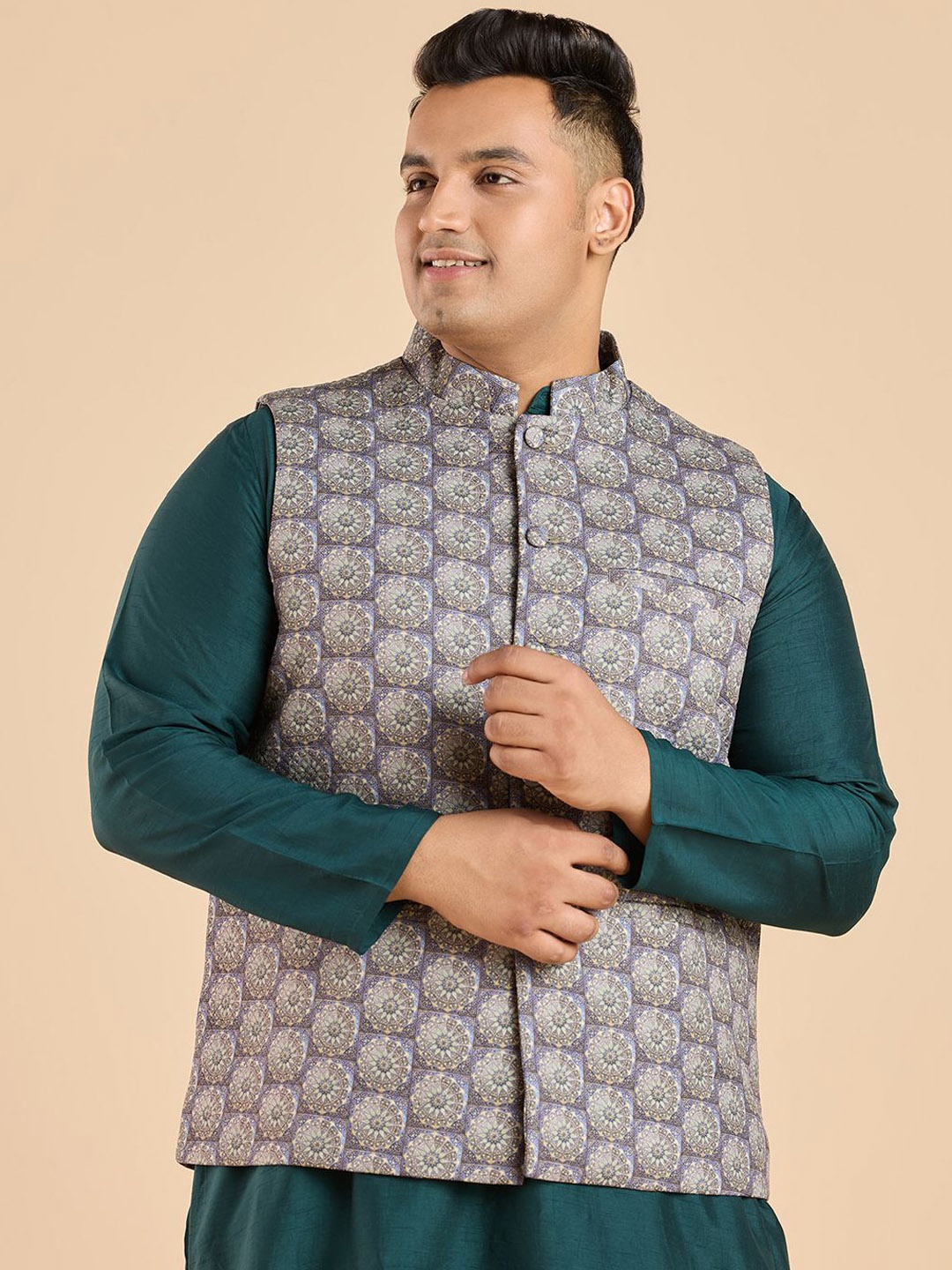 

Big Hello - The Plus Life Woven Design Nehru Jacket, Blue