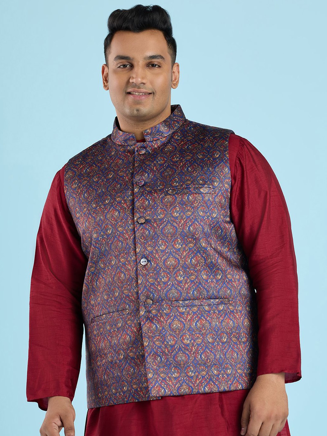 

Big Hello - The Plus Life Men Printed Woven Sleeveless Nehru Jacket, Maroon