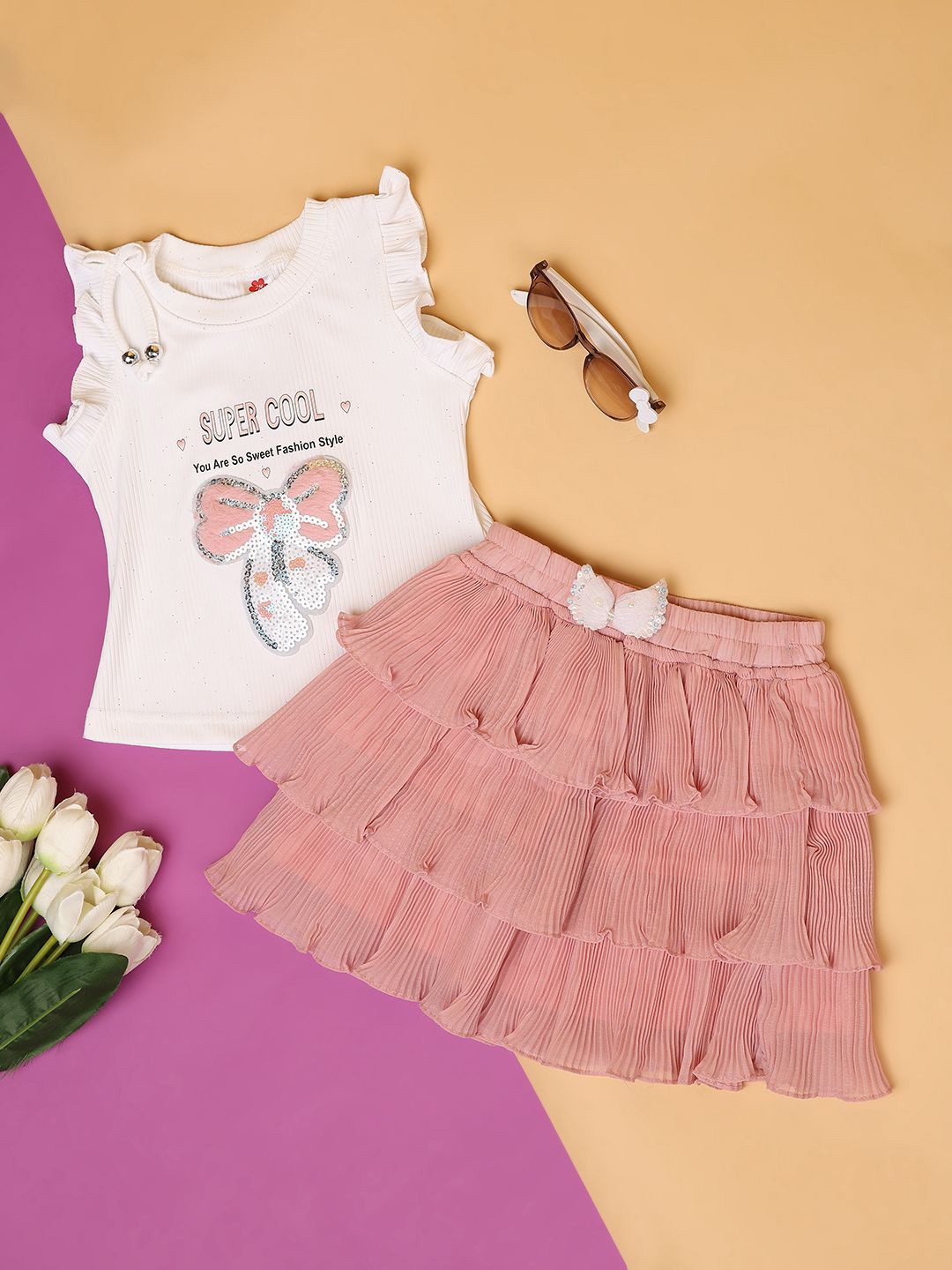 

V-Mart Girls Printed Top with Solid Skirt, Pink
