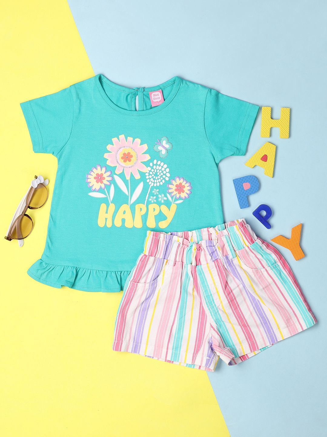 

V-Mart Girls Printed Top with Striped Skirt, Green