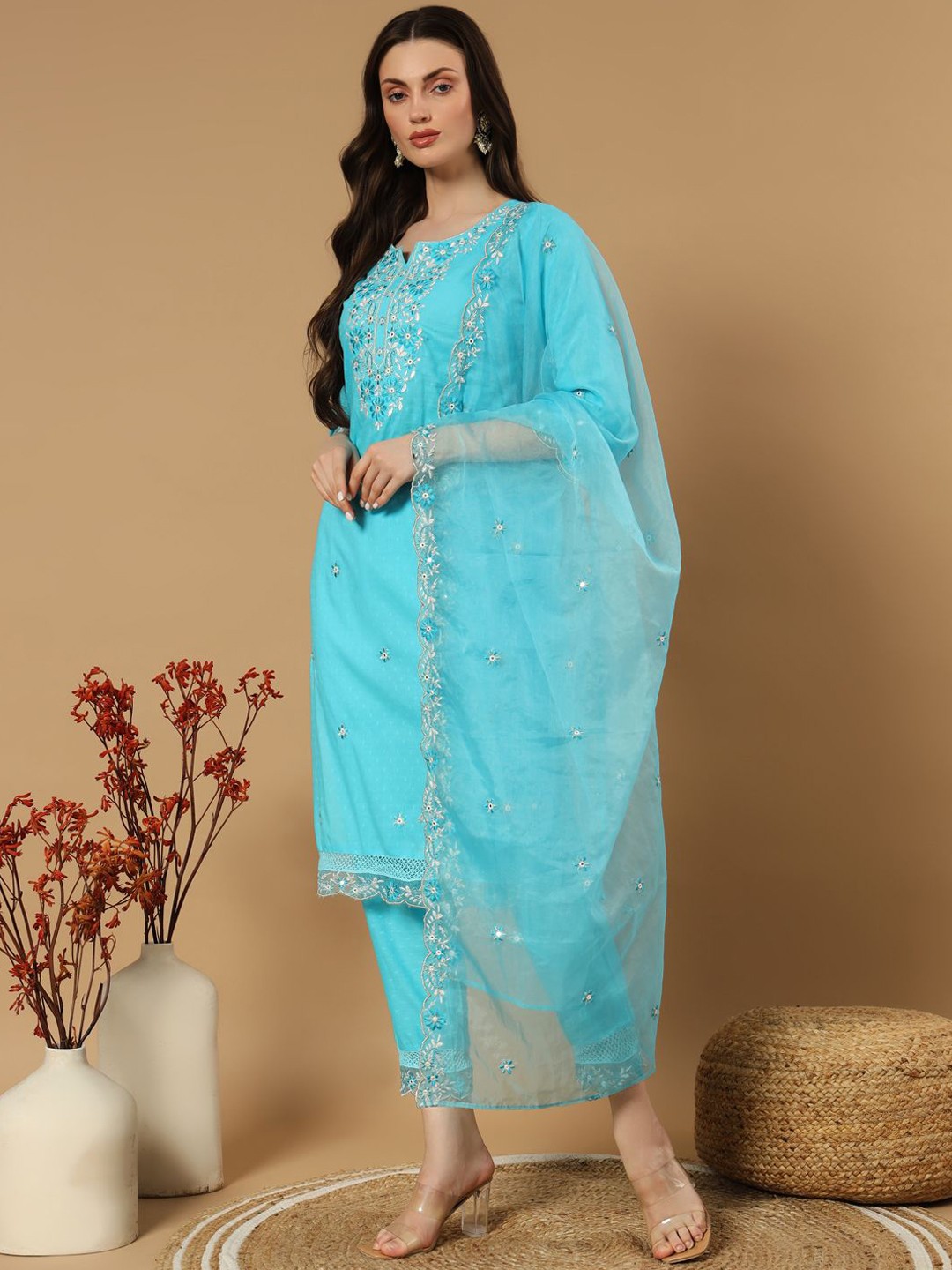 

IkDaiya Women Embroidered Pure Cotton Kurta with Trousers & With Dupatta, Blue