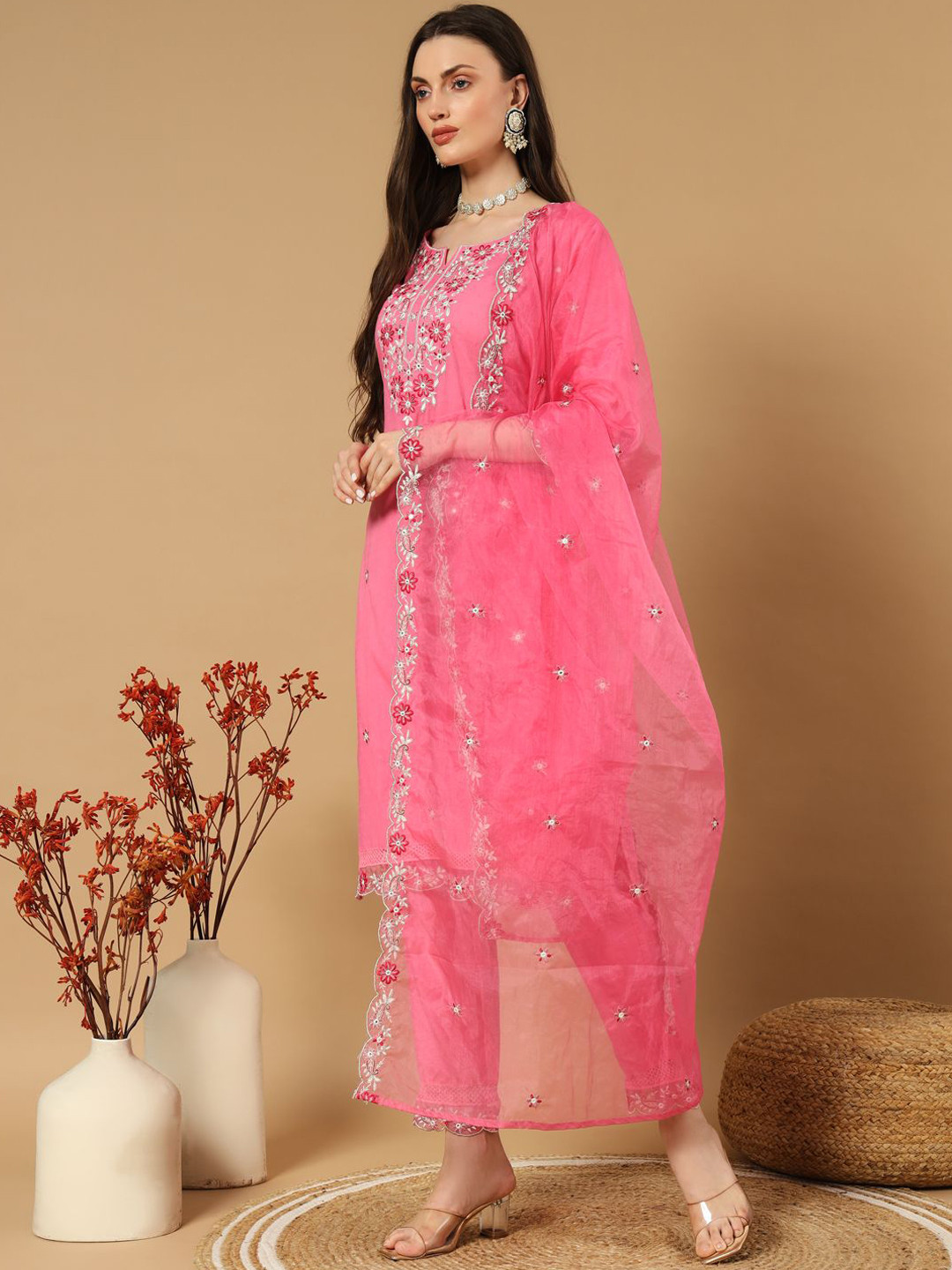 

IkDaiya Women Embroidered Regular Mirror Work Pure Cotton Kurta Trousers With Dupatta, Pink