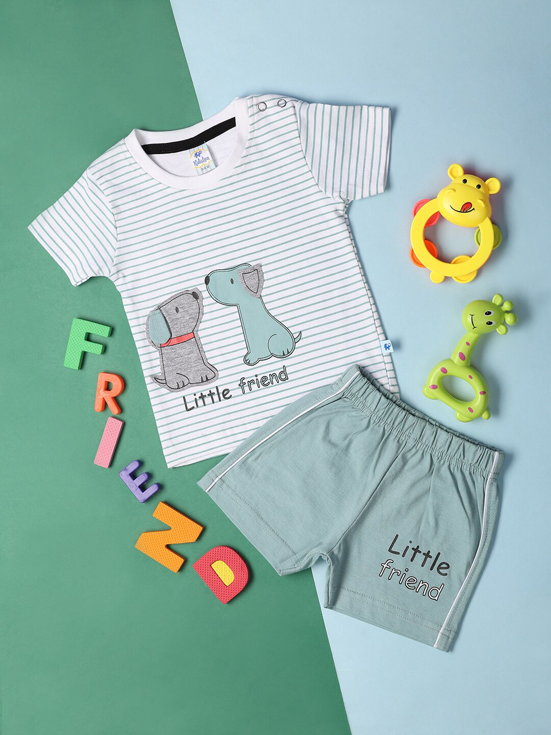 

V-Mart Unisex Kids Striped T-shirt with Solid Shorts, Green