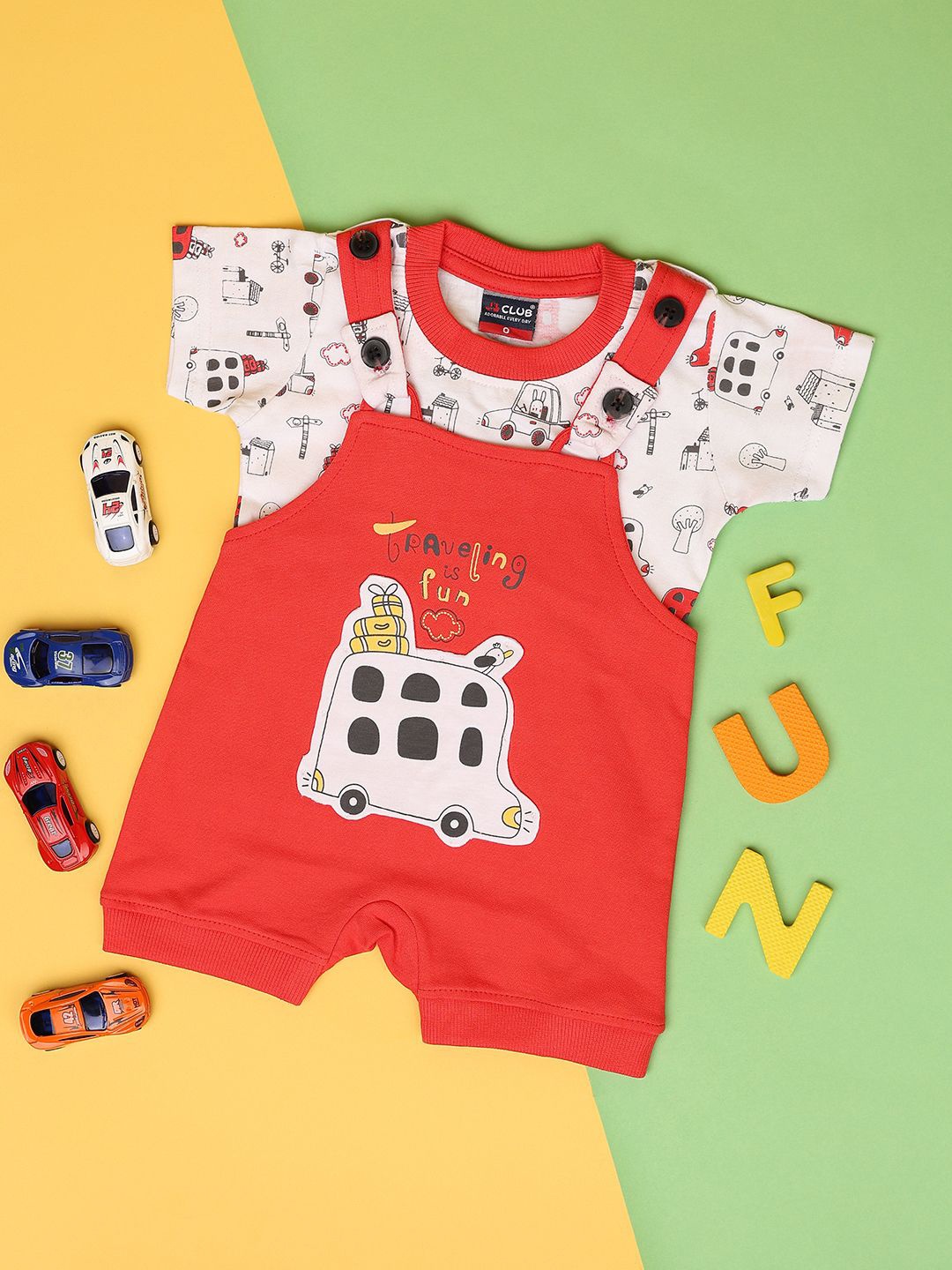 

V-Mart Kids Printed Cotton T-shirt with Dungarees, Red
