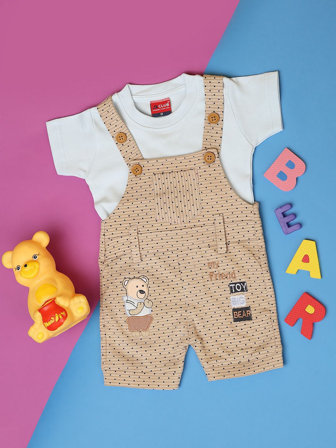

V-Mart Infant Printed Cotton Single Jersey Round Neck Dungaree, Beige