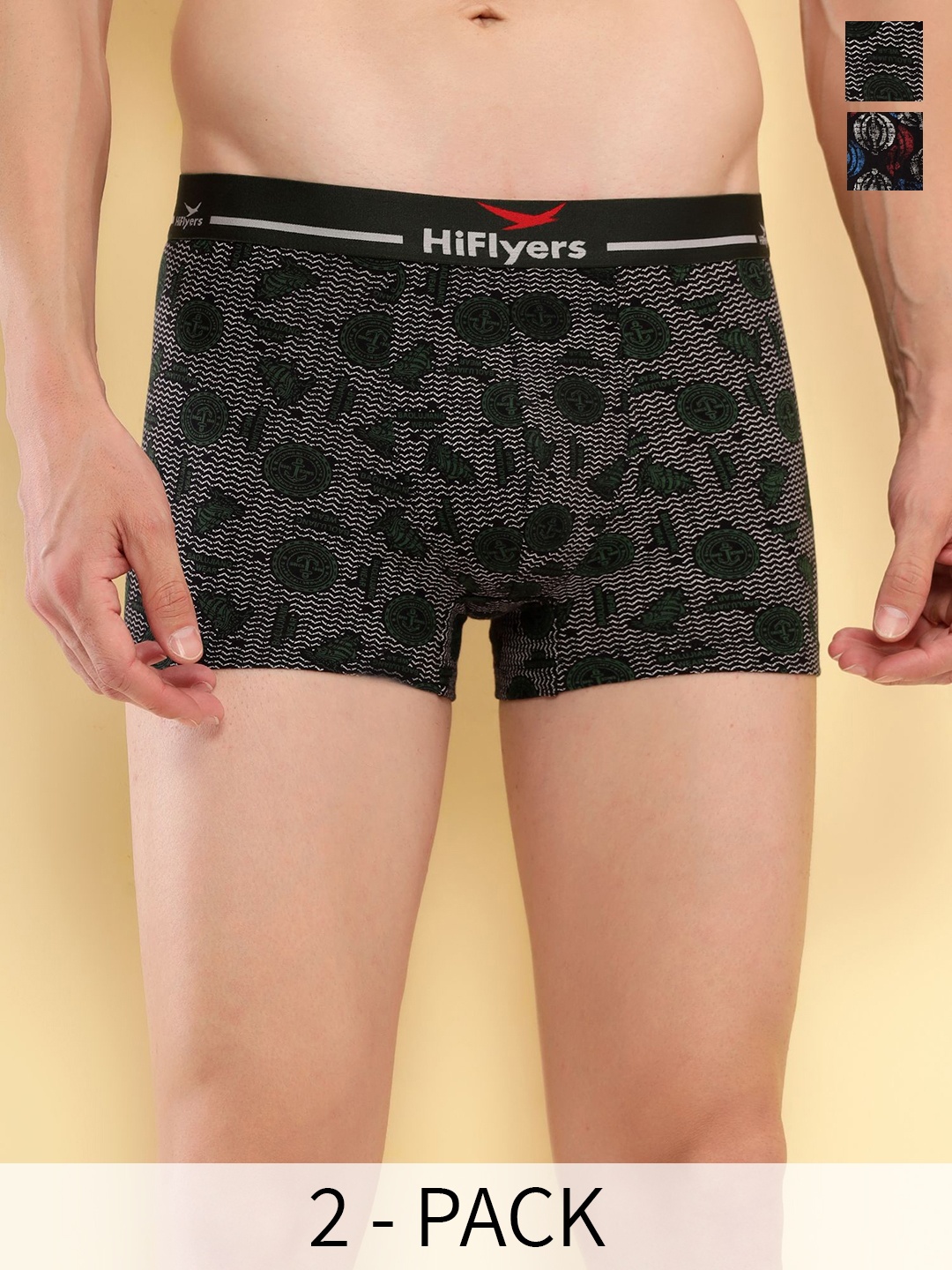 

HiFlyers Pack Of 2 Printed Odor Free Trunks HF502_PO2_BLK-OLV_S, Black