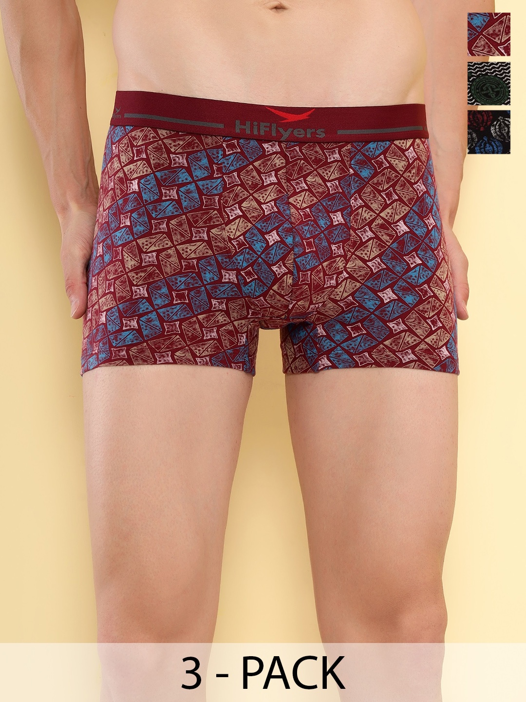

HiFlyers Men Printed Pack Of 3 Odour-Free Trunks, Black