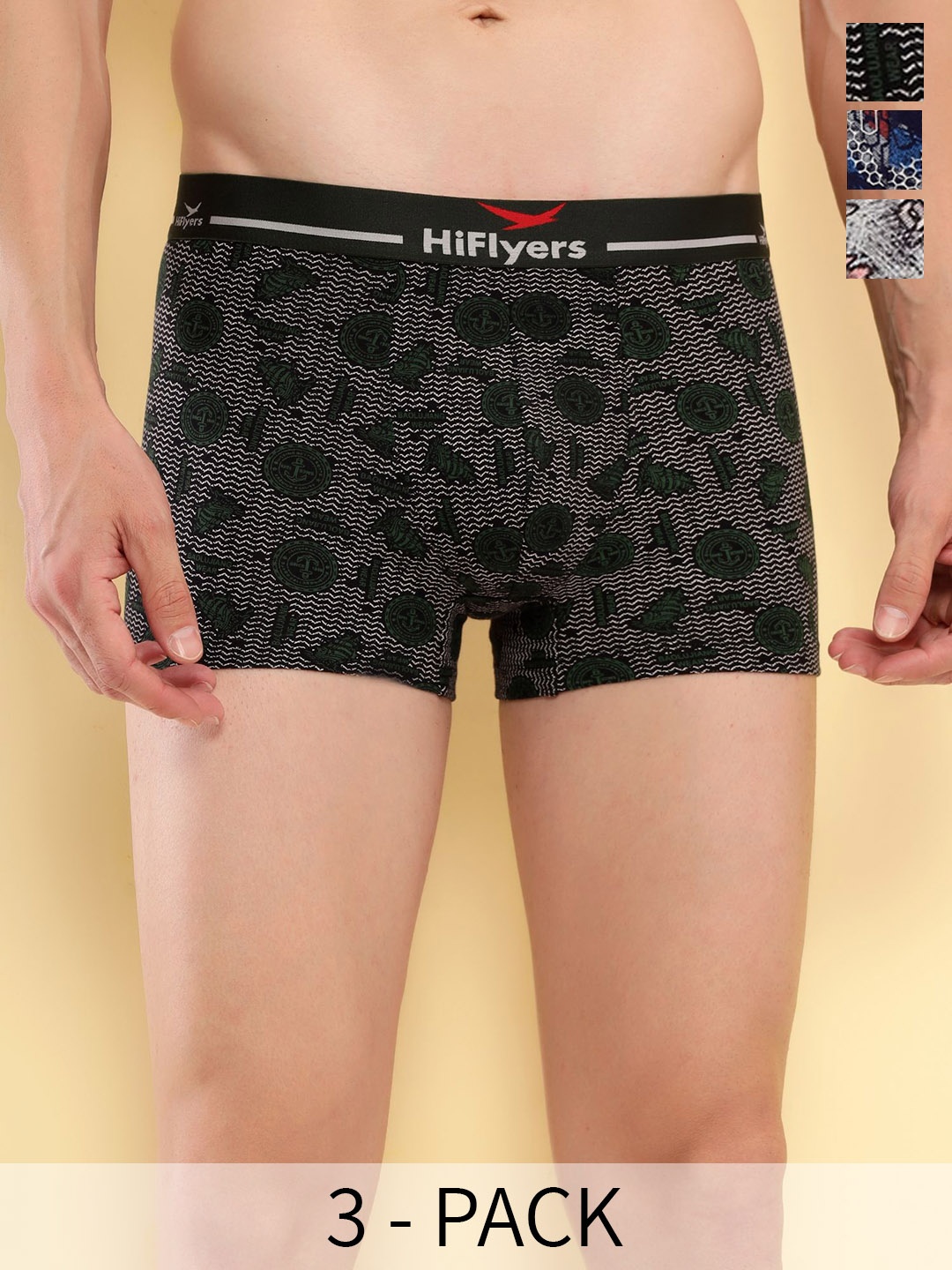 

HiFlyers Pack of 3 Printed Trunk HF502_PO3_GNO_L-Grey::Navy::Olive