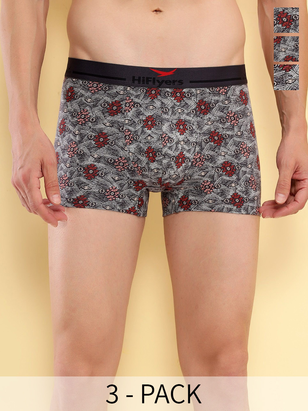 

HiFlyers Pack Of 3 Printed Breathability Trunks HF502_PO3_GRY_S, Grey