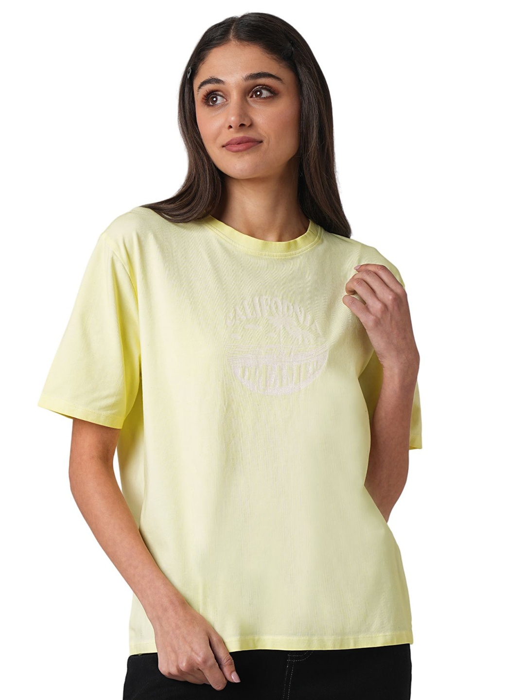 

Kraus Jeans Women Self Design Round Neck Slim Fit T-shirt, Yellow