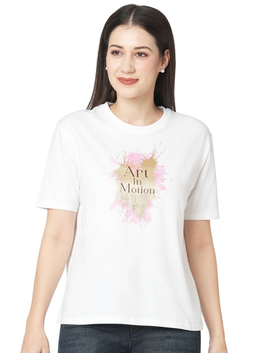 

Kraus Jeans Women Typography Printed Round Neck Slim Fit T-shirt, White