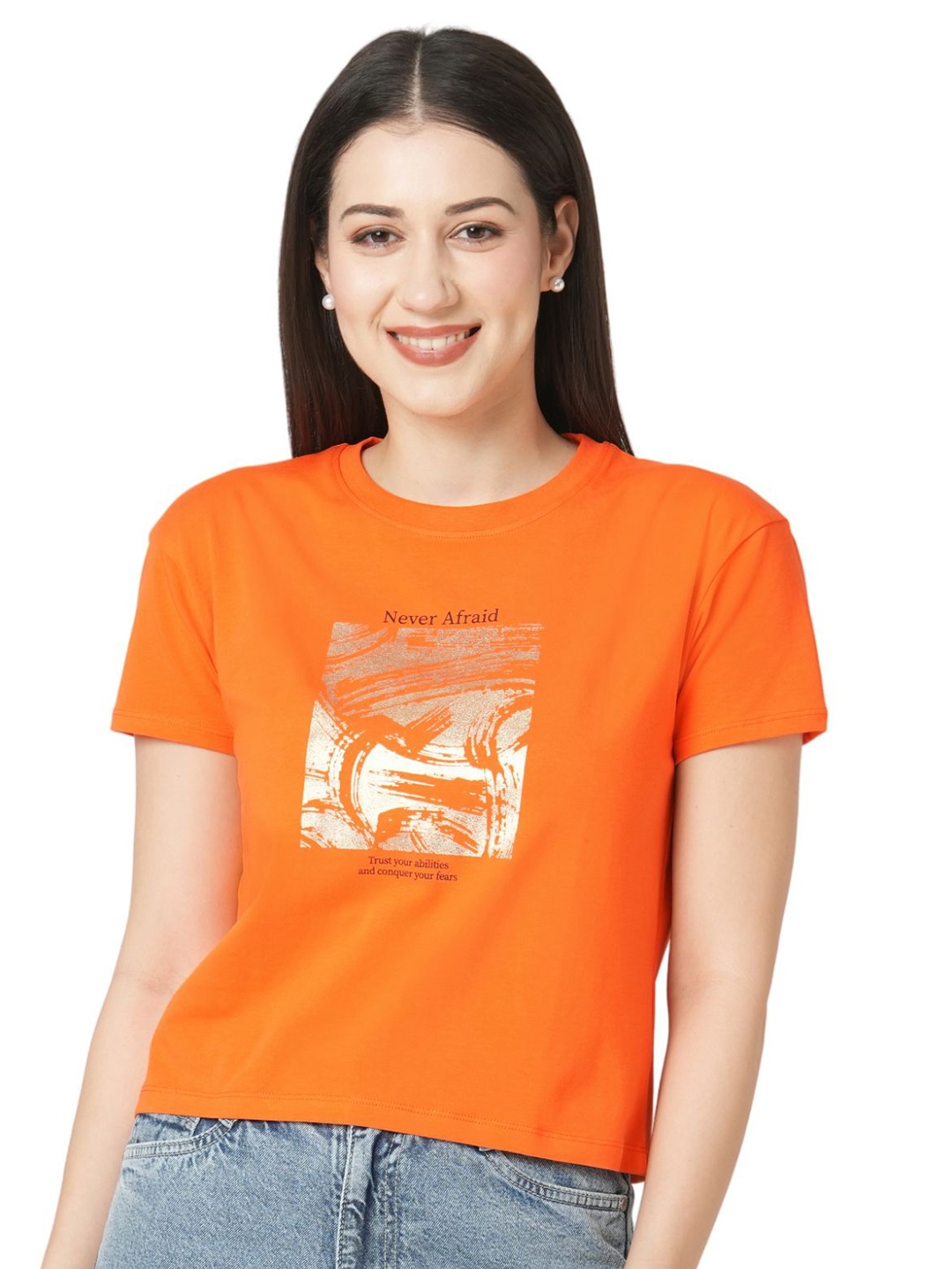 

Kraus Jeans Women Typography Printed Round Neck Slim Fit Crop T-shirt, Orange