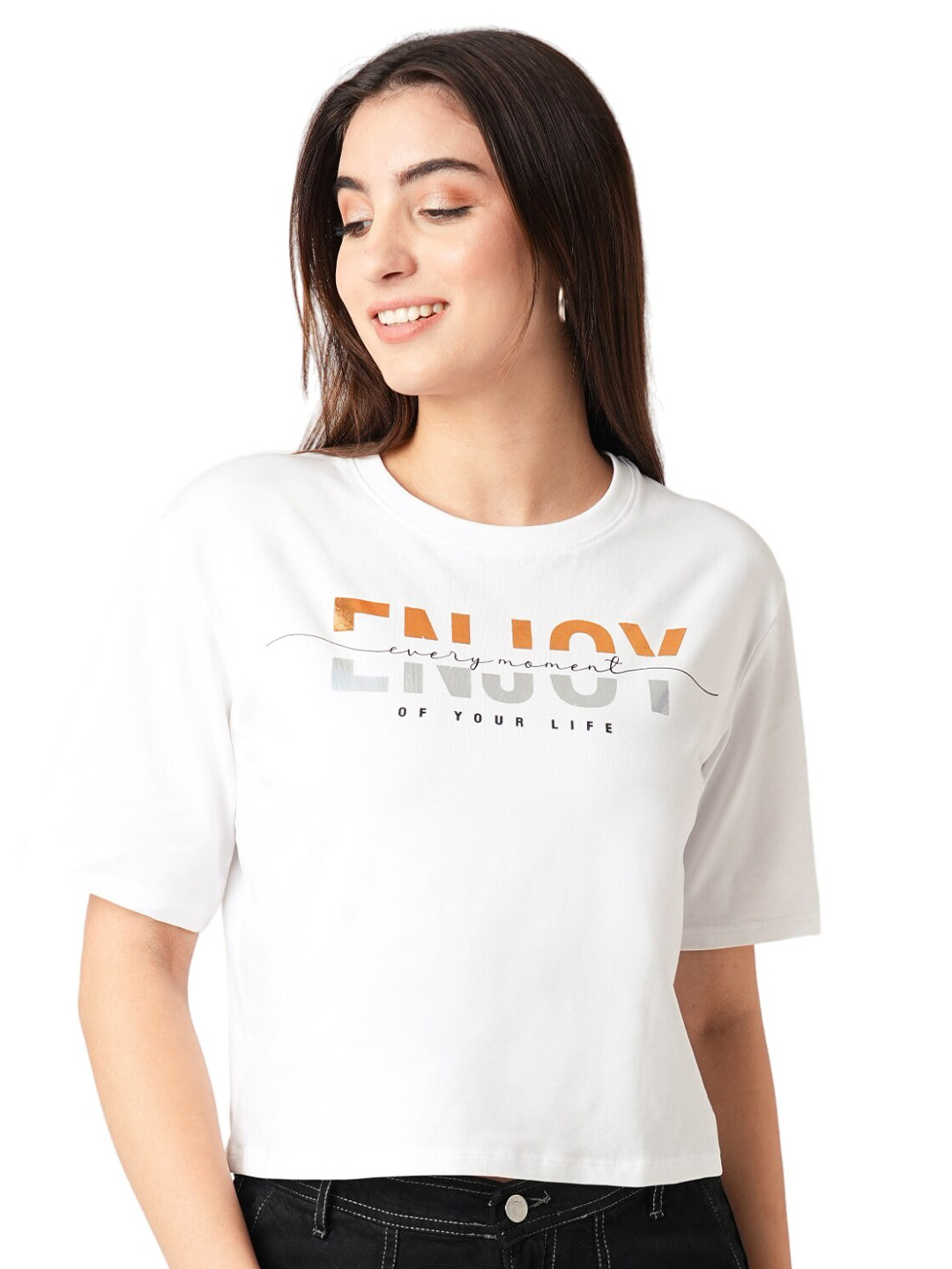 

Kraus Jeans Women Typography Printed Round Neck Slim Fit Crop T-shirt, White