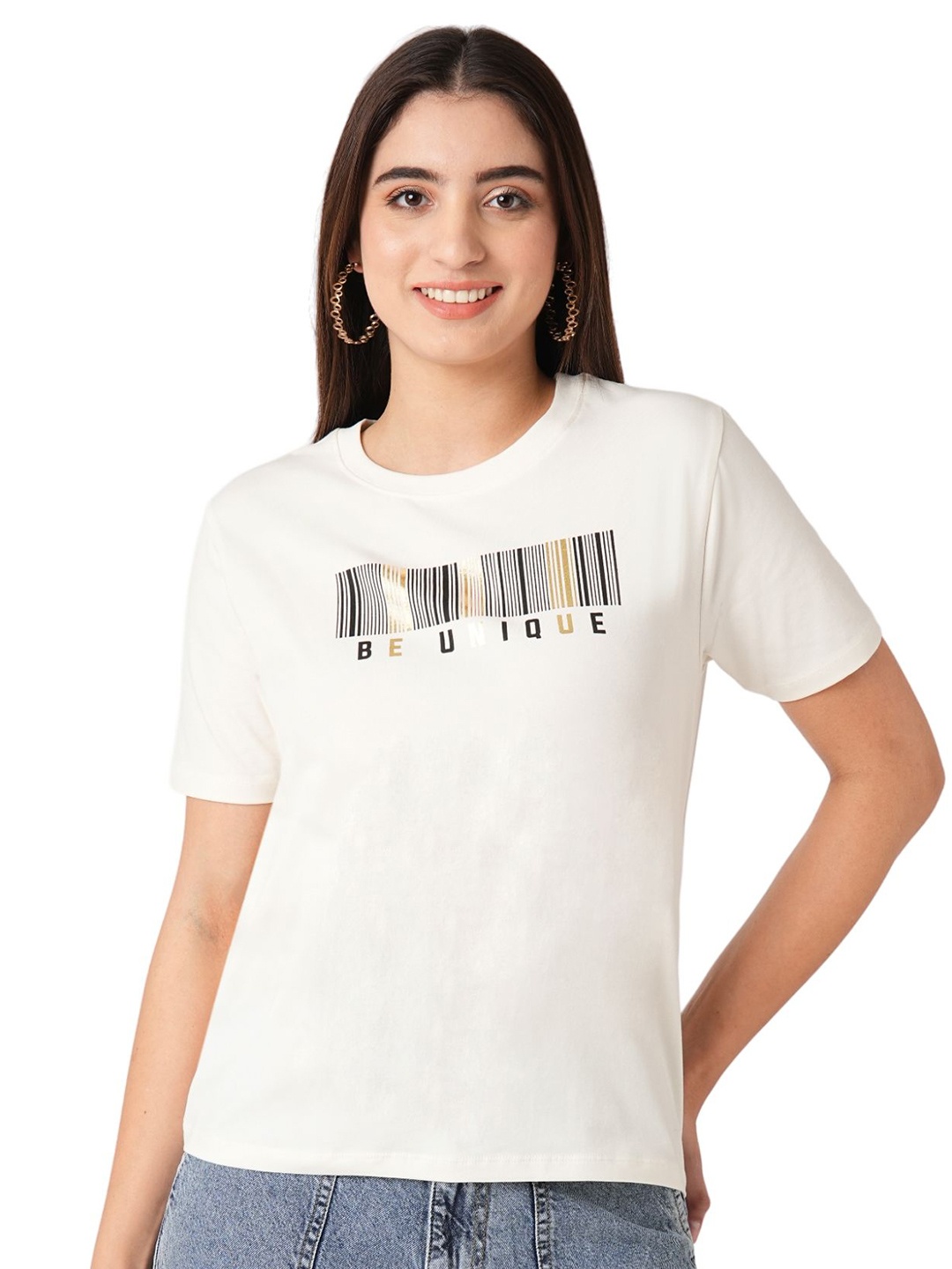 

Kraus Jeans Women Typography Printed Round Neck Slim Fit T-shirt, Off white