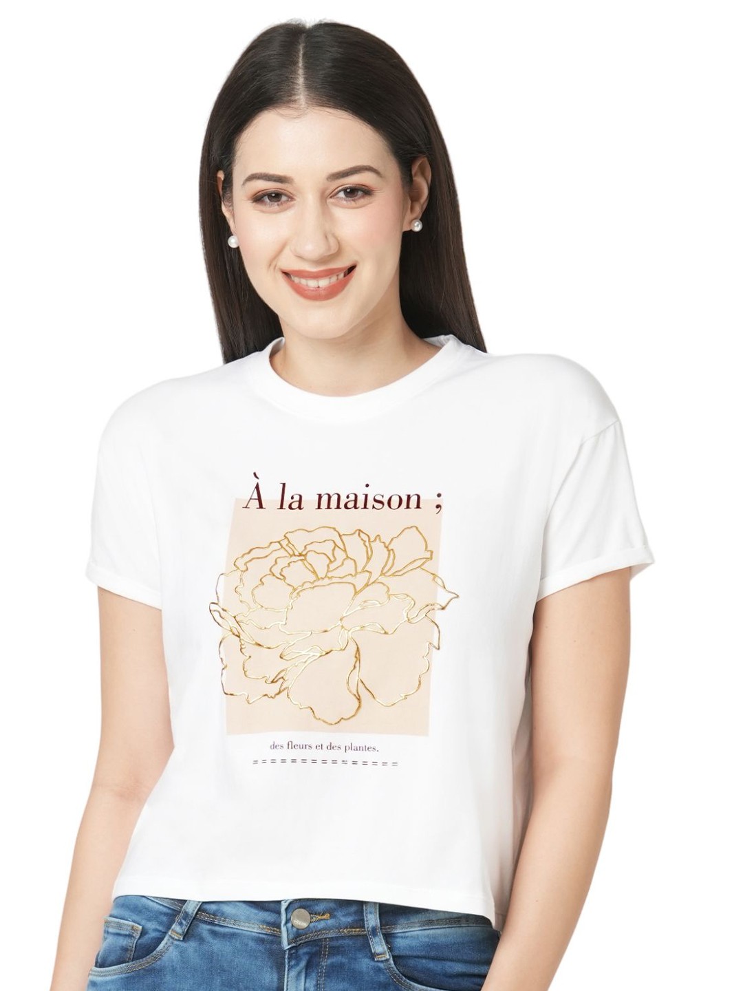 

Kraus Jeans Women Typography Printed Round Neck Slim Fit Crop T-shirt, White