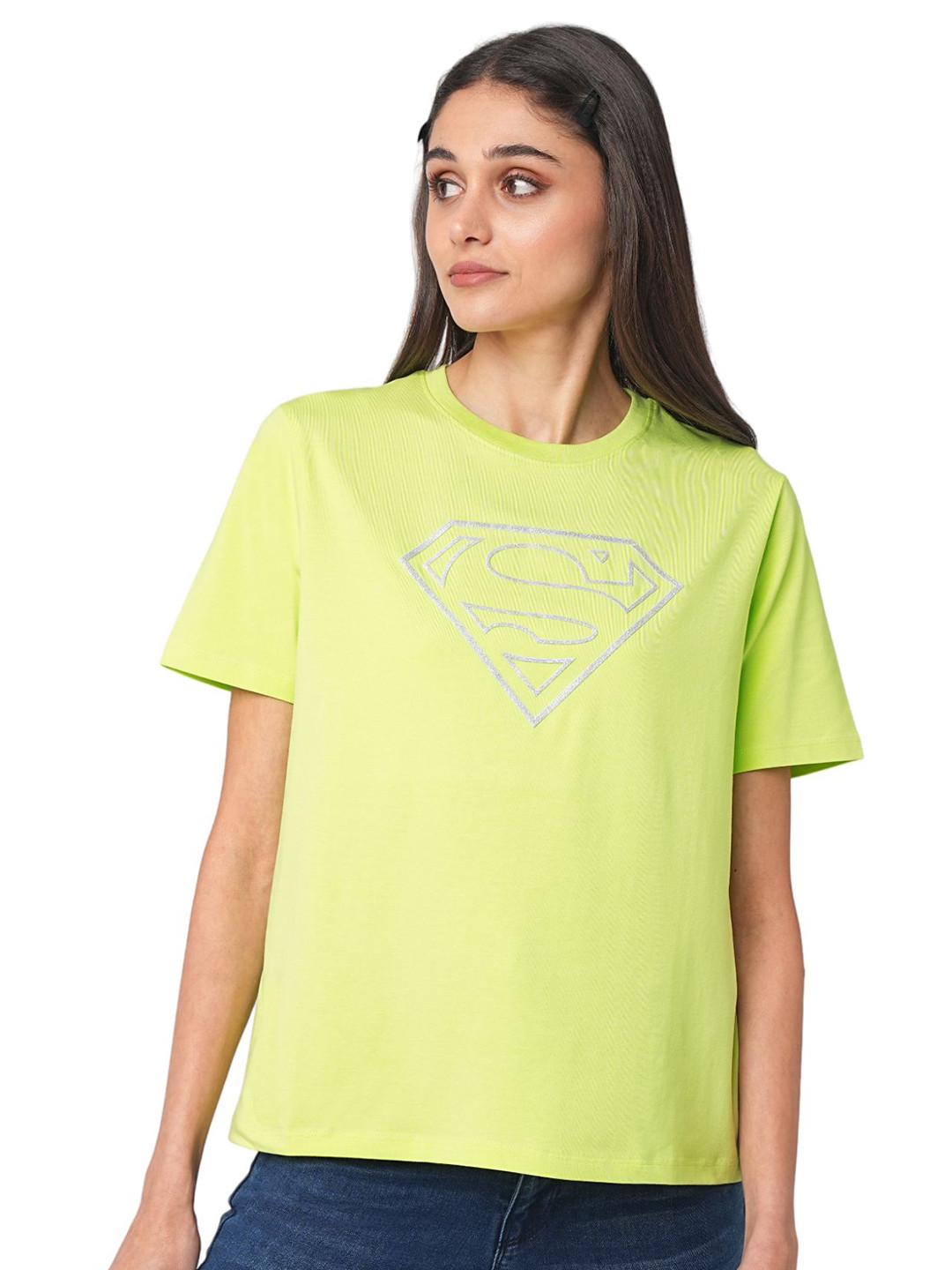 

Kraus Jeans Women Superman Printed Round Neck Slim Fit T-shirt, Lime green