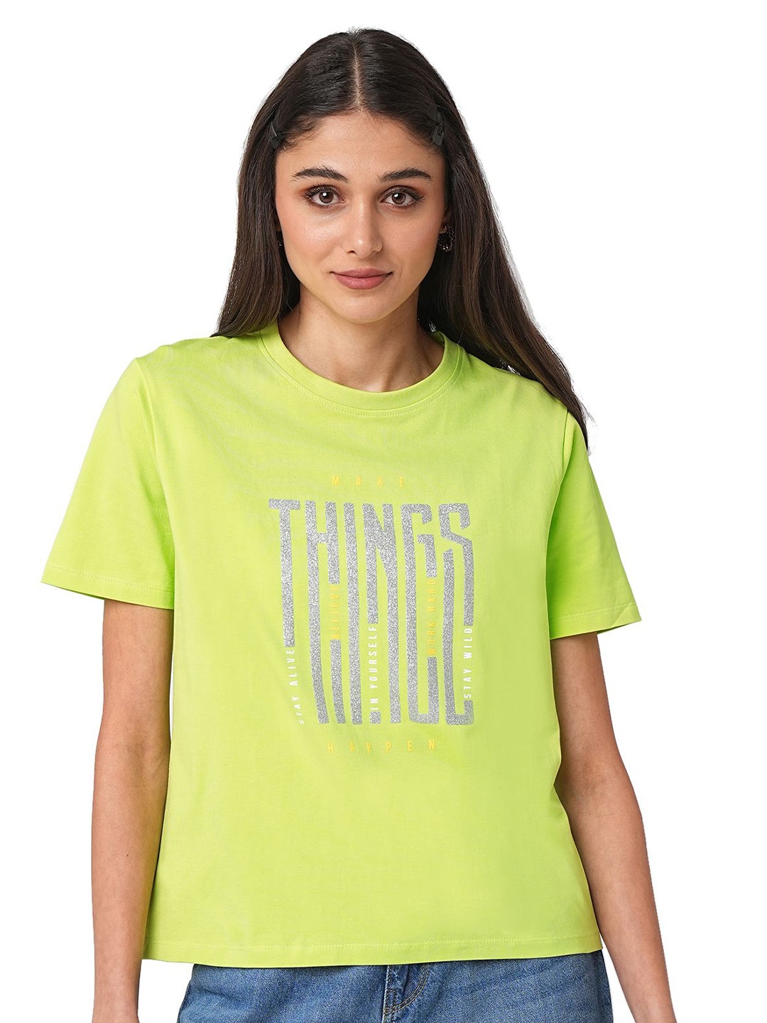 

Kraus Jeans Women Typography Printed Round Neck Slim Fit T-shirt, Lime green