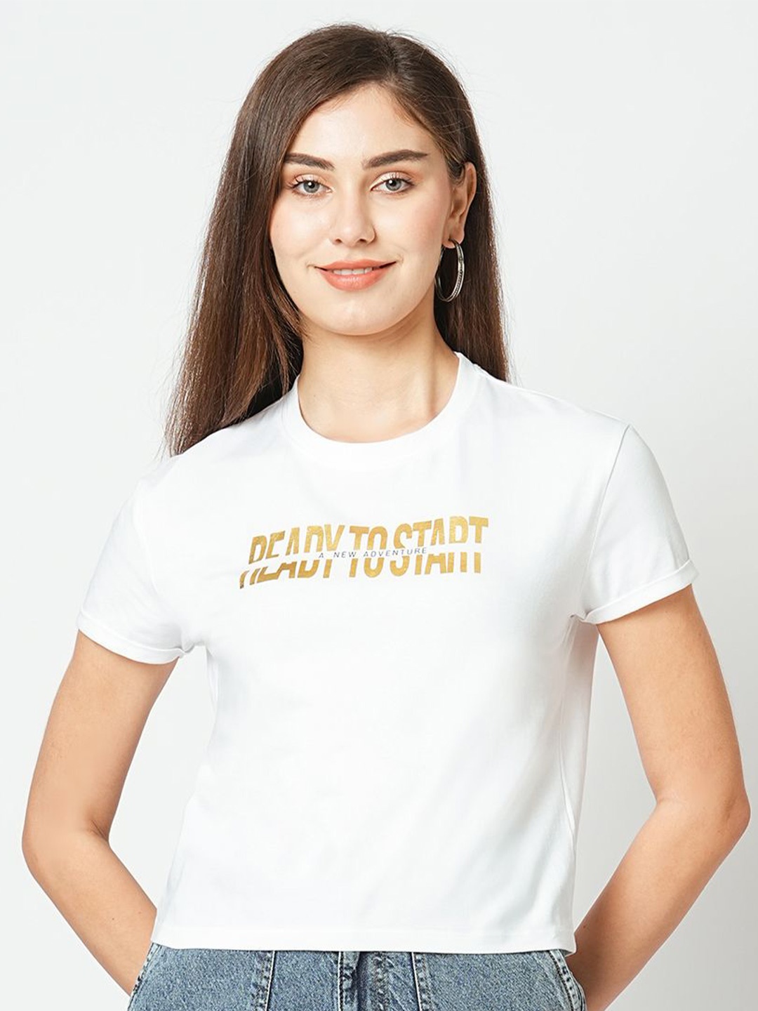 

Kraus Jeans Women Typography Printed Round Neck Slim Fit Crop T-shirt, Off white