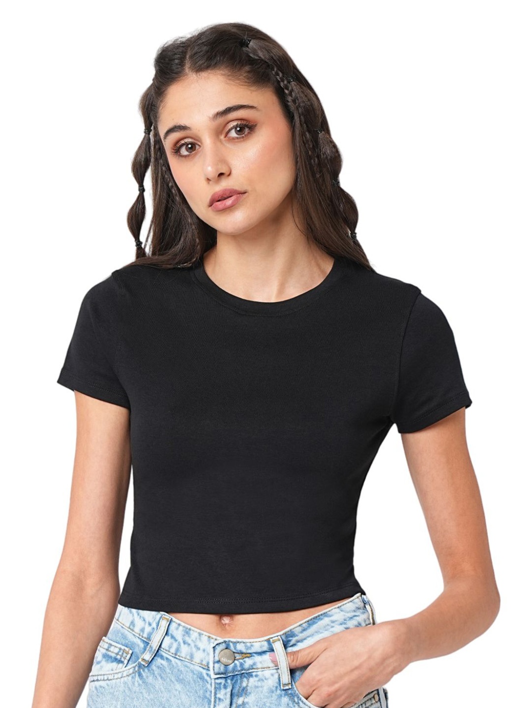 

Kraus Jeans Women Round Neck Solid Slim Fit Crop T-shirt, Black