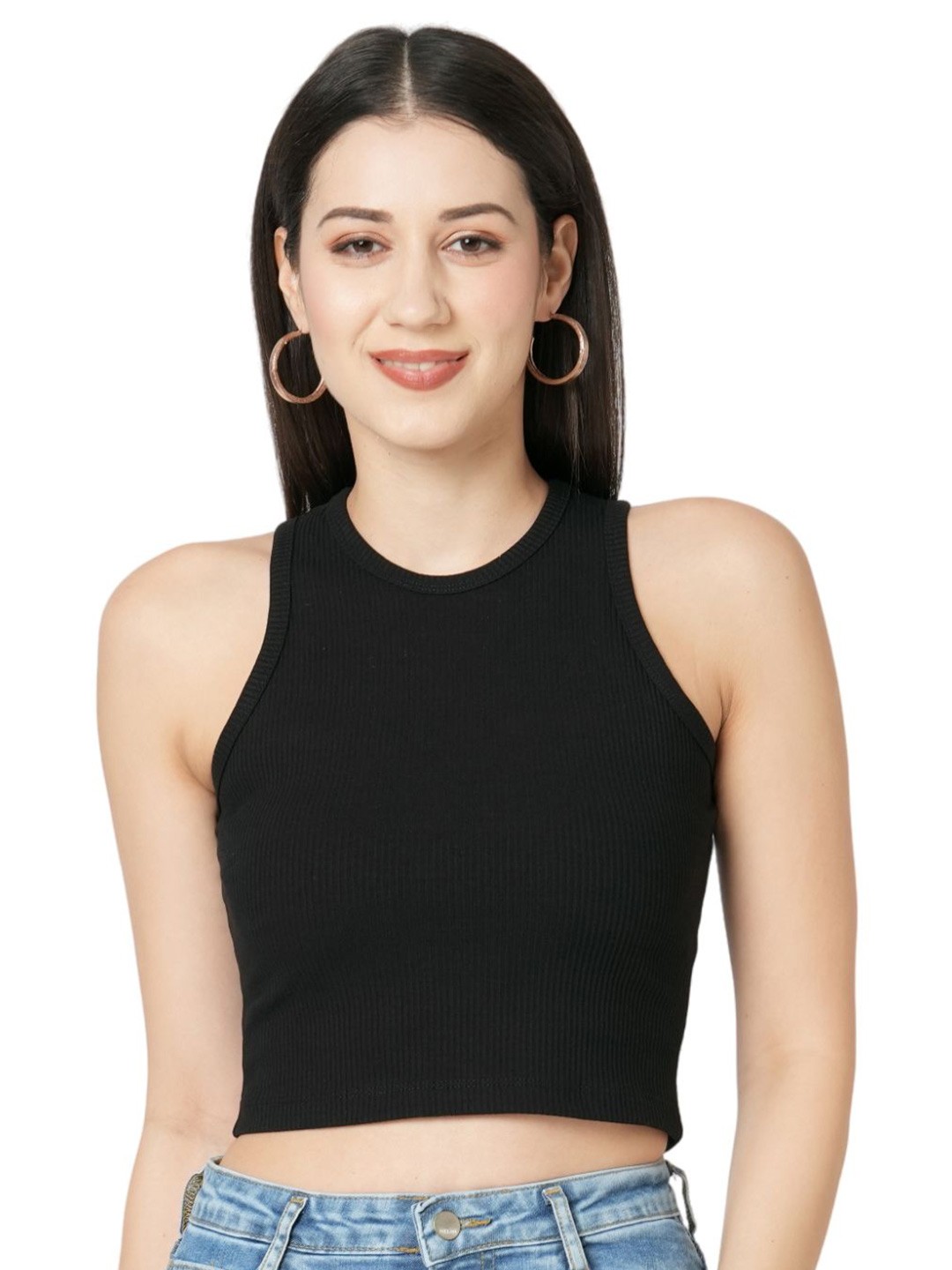

Kraus Jeans Women Round Neck Solid Slim Fit Crop T-shirt, Black