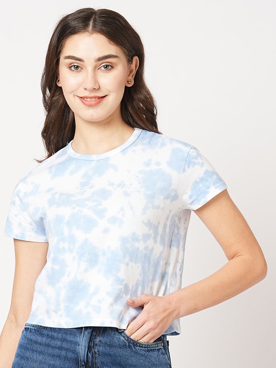 

Kraus Jeans Women Dyed Round Neck Slim Fit Crop T-shirt, Blue