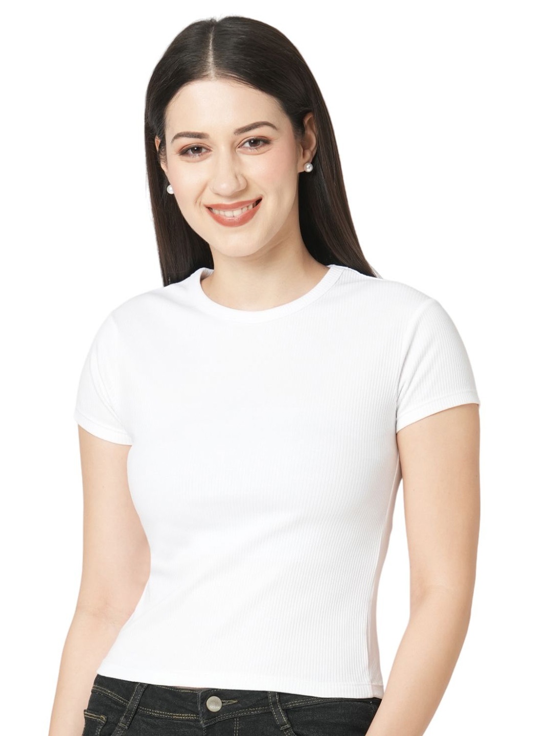 

Kraus Jeans Women Round Neck Solid Slim Fit Crop T-shirt, White