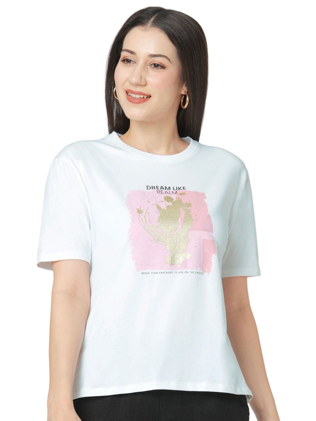 

Kraus Jeans Women Graphic Printed Round Neck Slim Fit T-shirt, White
