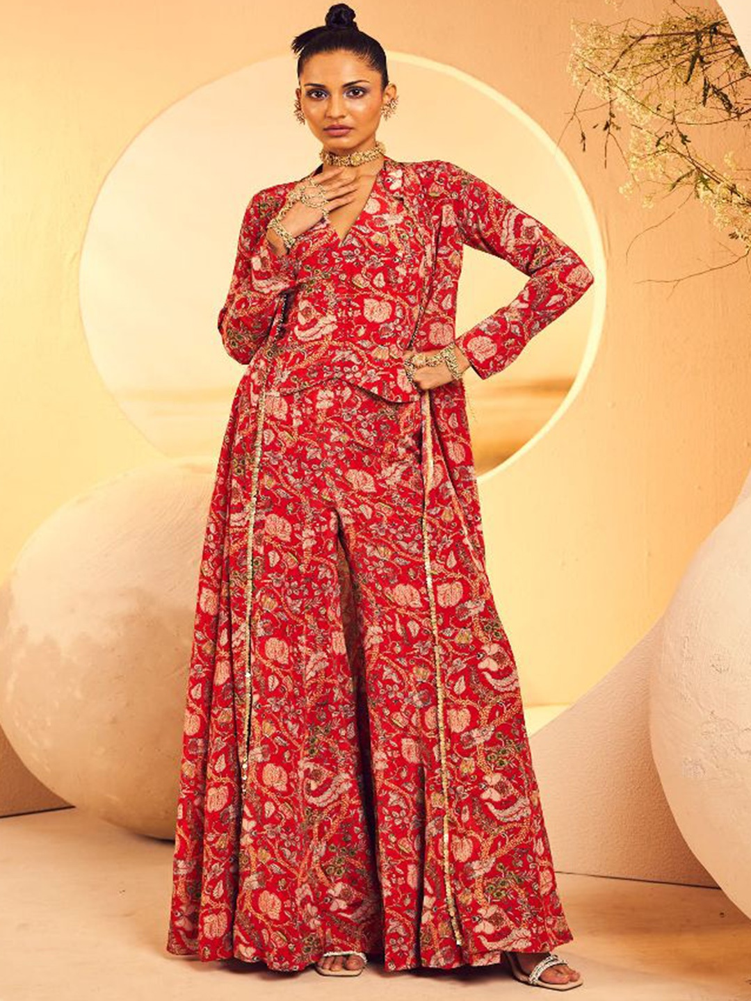 

ANEESH AGARWAAL Women Embroidered Sharara Sets With Jacket, Red