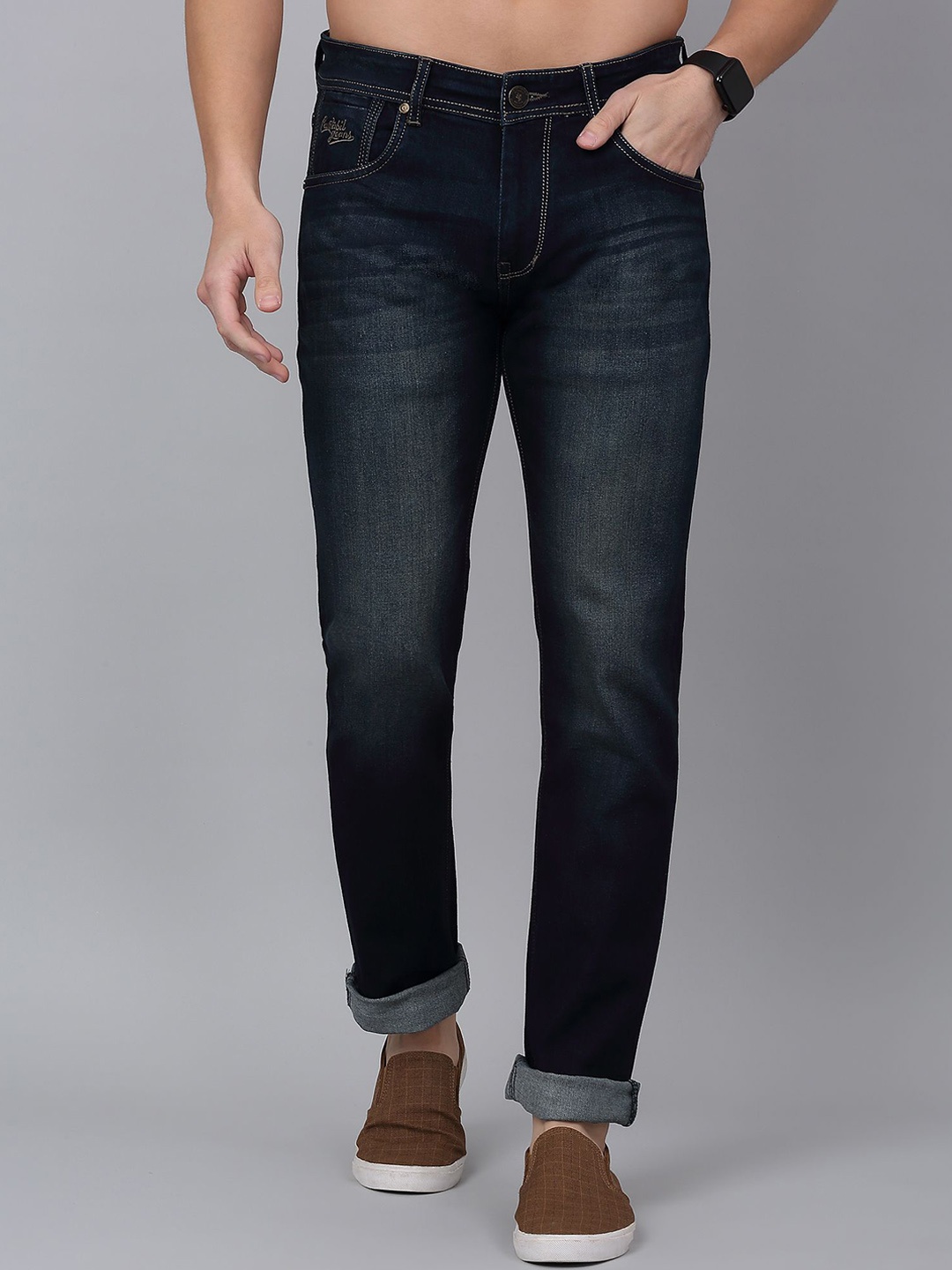 

Cantabil Men Heavy Fade Stretchable Mid-Rise Jeans, Blue