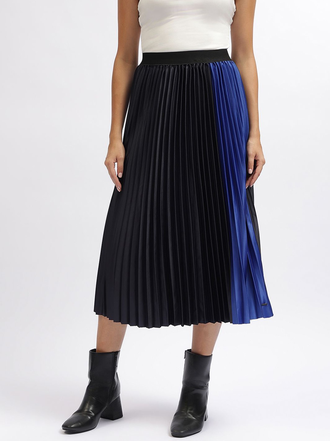 

ELLE Color-Blocked Flared Straight hem Accordion Pleated A-Line Midi Skirt, Blue