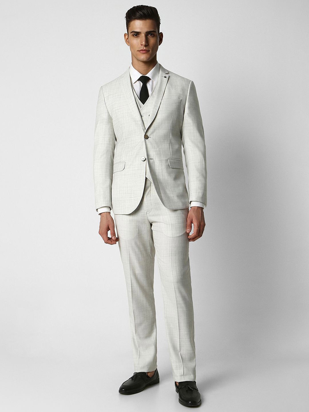 

Van Heusen Men Check Slim Fit Single-Breasted Three-Piece Formal Suit, Grey
